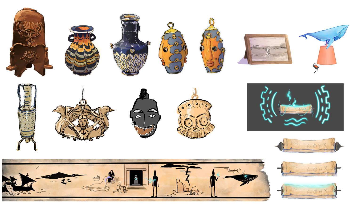 Conjunto de dibujos de vasijas y papiros.