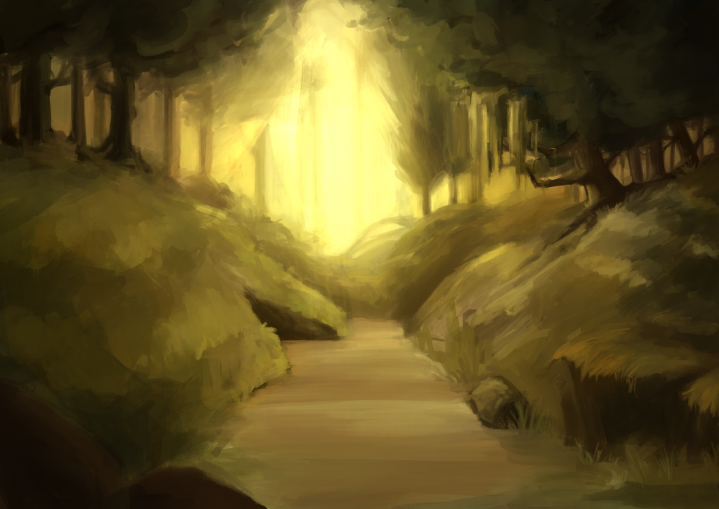 Paisaje de un camino en el bosque, con la luz proveniente del fondo.