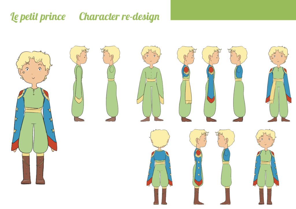 ficha de diseño de personaje, el turn around del personaje del principito.